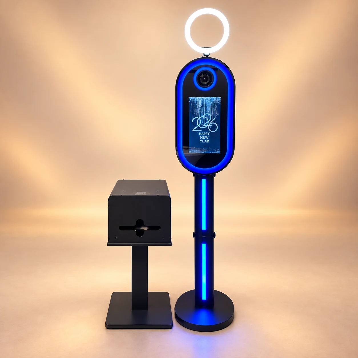 Onze Fotobooth met losse printer en blauwe verlichting